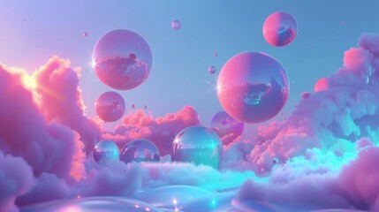 Surreal objects floating in a neon dreamscape  3d style isolated flying objects memphis style  3d render  AI generated illustration - obrazy, fototapety, plakaty