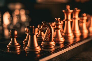 Close-up shot of golden chess pieces on a chessboard