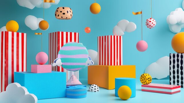 Surreal toy landscapes with floating objects  3d style isolated flying objects memphis style  3d render   AI generated illustration
