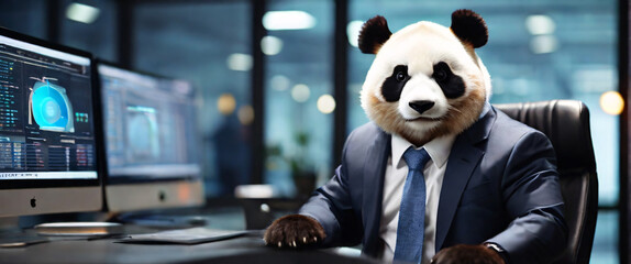 Business Panda wearing suits in an office, seated in front of a commanding monitor analyze complex data sets in real-time, with a digital interface overlaid onto the scene that high - obrazy, fototapety, plakaty