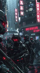 Naklejka premium The citys residents move with purpose their cybernetic enhancements enhancing their abilities AI generated illustration