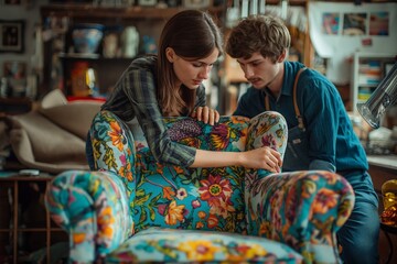 AI generated illustration of a couple restoring a vintage armchair - obrazy, fototapety, plakaty