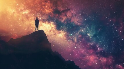 The silhouette of a lone explorer standing on the edge of a crater gazing out at the cosmos   AI generated illustration - obrazy, fototapety, plakaty