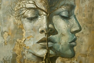 a painting of a couple faces with tree branches on the sides