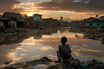 A child sitting in a shack on the street and looking at the sunset