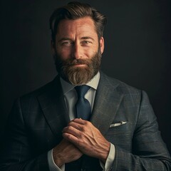 A bearded business gentleman, half-length, adjusting his sleeves, smiling naturally and confidently, standing and looking at the camera, showing professional charm in the workplace - obrazy, fototapety, plakaty