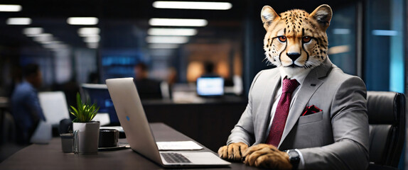 Business Cheetah wearing suits in an office, seated in front of a commanding monitor analyze complex data sets in real-time, with a digital interface overlaid onto the scene that high - obrazy, fototapety, plakaty