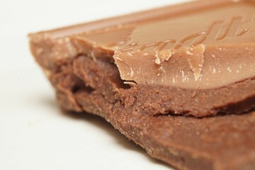 Closeup of a piece of chocolate on a white background