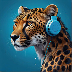 Beautiful cheetah tiger Head wear Headphone T-Shirt Design poster template colorful image illustration Ai generated art