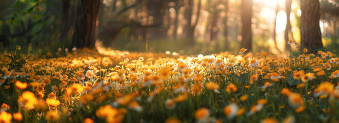 Beautiful spring meadow with daisies in the rays of the setting sun

