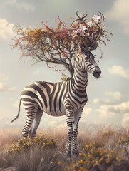 AI generated illustration of a zebra standing in floral field with trees, flowers on head - obrazy, fototapety, plakaty
