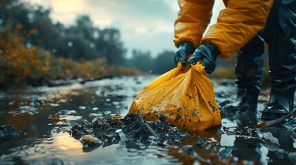 Focused individual in a yellow raincoat collects trash using a yellow bag on a rain-soaked, muddy beach, showcasing dedication to environmental care.