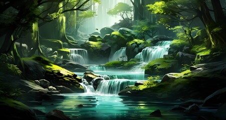 AI generated illustration of a beautiful waterfall cascading amidst rocks and trees