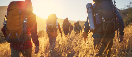 Hikers with backpacks on the trail in the mountains at sunset.
