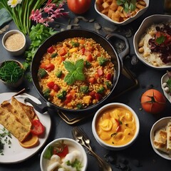 AI generated illustration of a round table with a selection of assorted dishes spread out on it