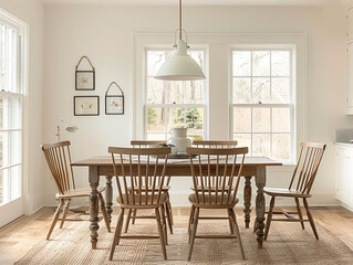 Elegant farmhouse dining room with vintage decor, featuring a rustic table and charming accessories.