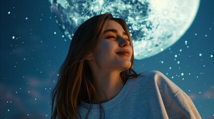smiling girl on a full moon night
