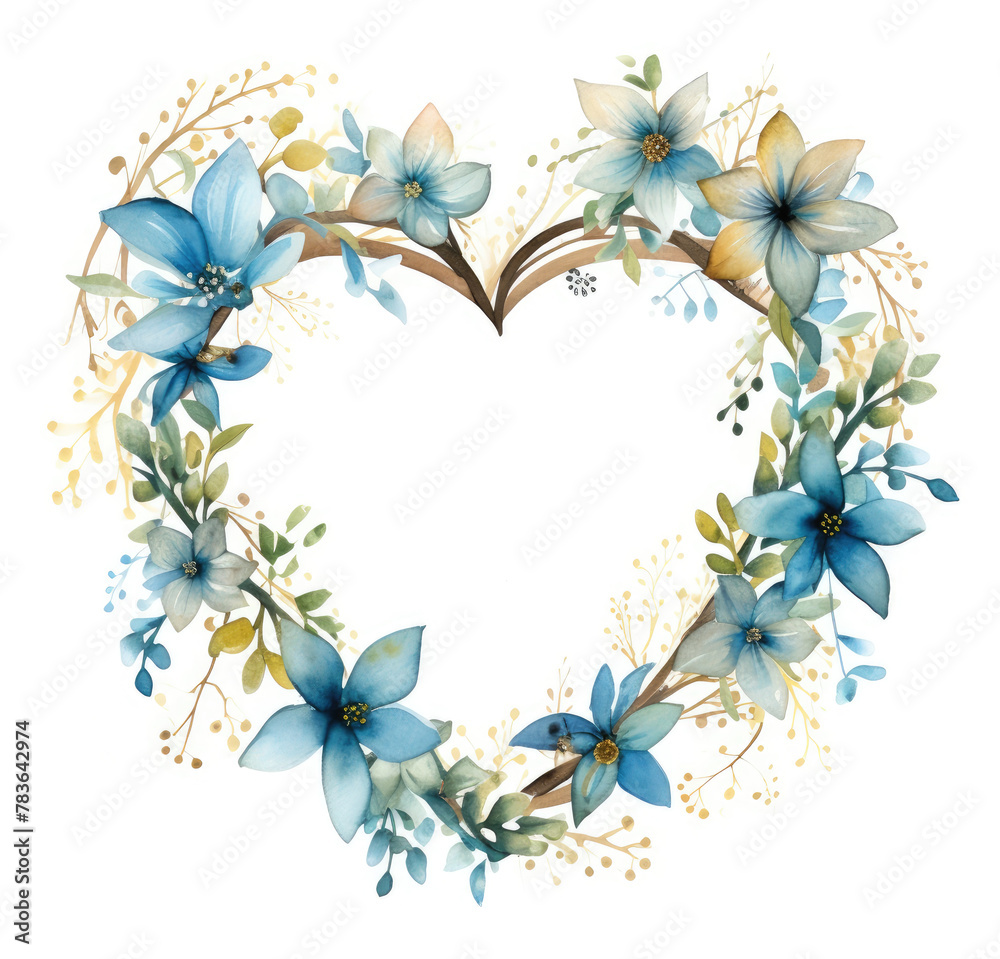 Poster AI generated illustration of a romantic blue floral watercolor wreath