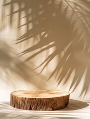 A circular wooden platform showcasing the beauty of natural textures, highlighted by dramatic palm leaf shadows against a soft, light-toned background in a well-lit indoor setting