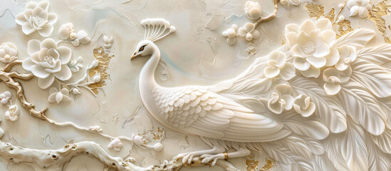 Beautiful white peacock on the background of the embossed wall
