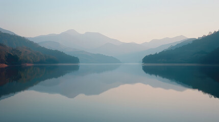 AI generated illustration of a tranquil lake at dawn with misty mountain range reflection