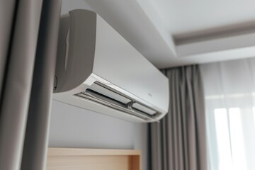 a ceiling air conditioner hanging on the wall next to a bed