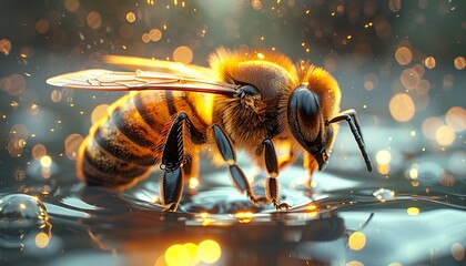 bee on water, honeybee macro, cinematic lighting - obrazy, fototapety, plakaty