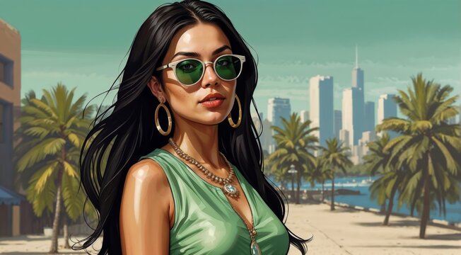 Fashion portrait of a beautiful young woman in sunglasses on a green background. illustration
