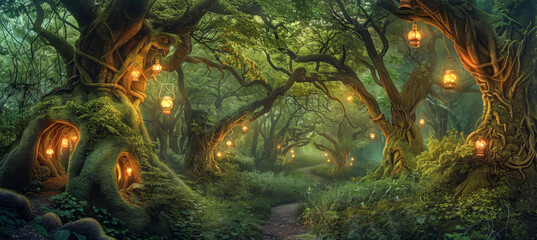 Fantasy forest with magical light, fog, old trees and fairy lights.