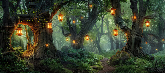 Obraz na płótnie Canvas Fantasy forest with magical light, fog, old trees and fairy lights.
