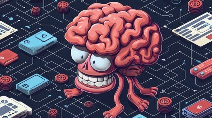 Brain Cartoon with Cryptocurrency Concept