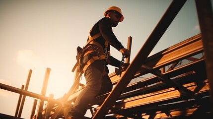Asian builder in uniform and helmet stands under metal frames on unfinished bridge