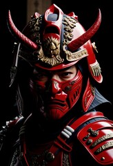 AI-generated illustration of traditional red-armored samurai warrior with a horned helmet