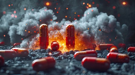 Capsules and pills in an explosive, hazardous scene symbolizing the dangers and destructive impact of drug abuse on health and life.