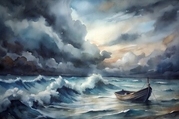 Watercolor illustration of seascape in cloudy stormy weather.