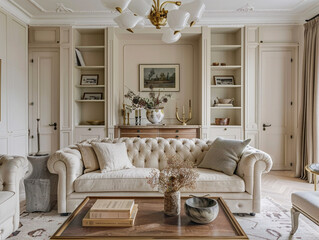 Elegant, timeless decor in a vintage-inspired living space with a tufted sofa and classic design.