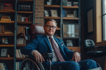 Professional businessman in wheelchair wearing formal attire, AI-generated. - obrazy, fototapety, plakaty