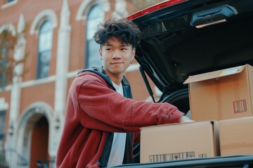 Young Asian man standing by a car with a box in a trunk, AI-generated.