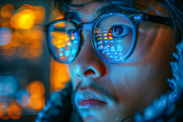 Close-up of an asian computer programmer working on network security with code reflections on glasses