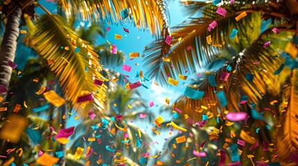 Experience the excitement of a Festa Junina party captured in this image, showcasing vivid confetti, colorful decorations, and tropical palm trees under a bright blue sky.