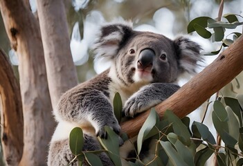 AI generated illustration of a cute koala resting on a tree branch
