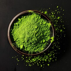 AI generated illustration of a bowl of green matcha powder on a black table
