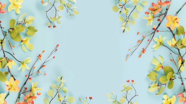 Colorful flowers and branches on a light blue background - yellow and green tones - card background - spring design elements