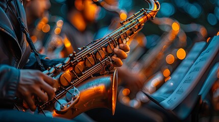Close-up shot of a jazz saxophonist playing the saxophone at an outdoor concert, with sheet music...