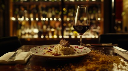 A plate of Risotto with truffle and a glass of wine on the side - obrazy, fototapety, plakaty