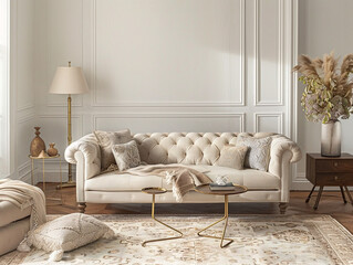 Chic, vintage living room with elegant tufted sofa, cozy atmosphere, and stylish decor accents.