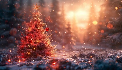Christmas tree decoration in winter forest with northern lights 