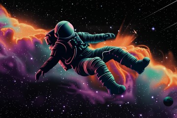 Fototapeta premium An astronaut floats through a vibrant cosmic nebula surrounded by stars and celestial phenomena, capturing the vastness of space and the mystery of the universe
