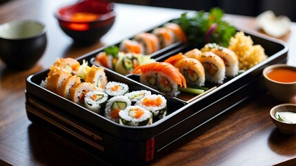 Assortment of sushi rolls neatly arranged in a bento box, served with pickled ginger, wasabi