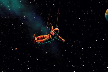 Naklejka premium astronaut floating accompaniment in a space colorful 